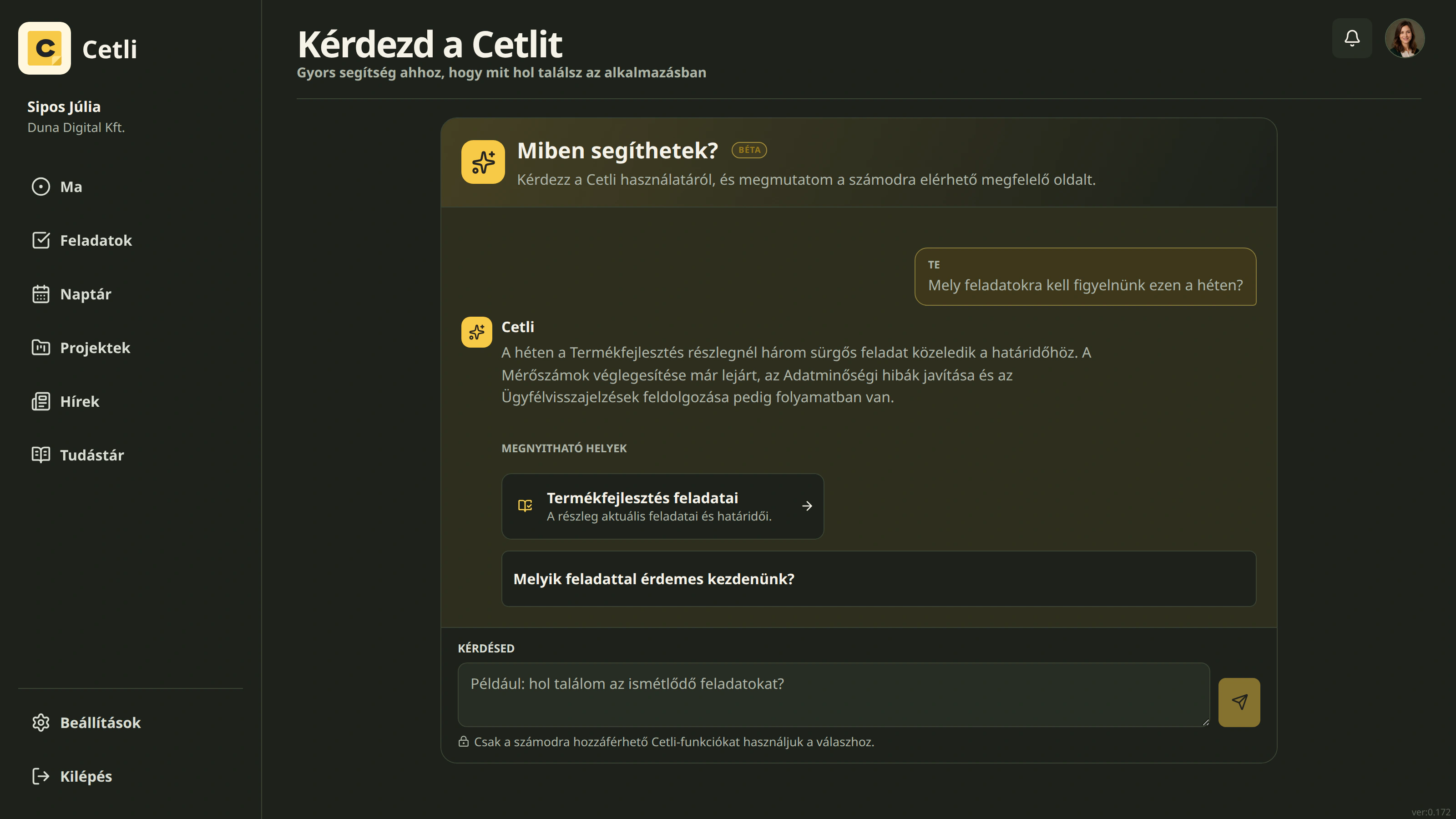 A Kérdezd a Cetlit forráshivatkozásos AI-válasza sötét témában