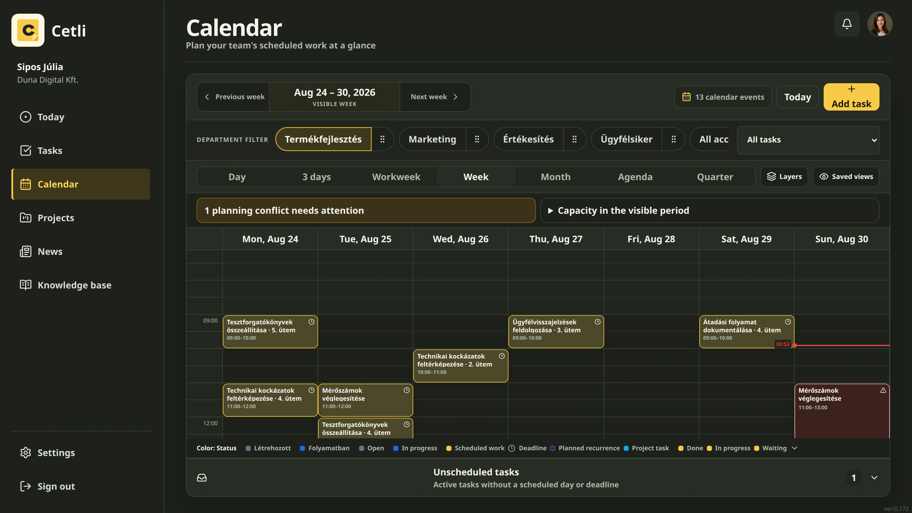 The Cetli team calendar in dark mode