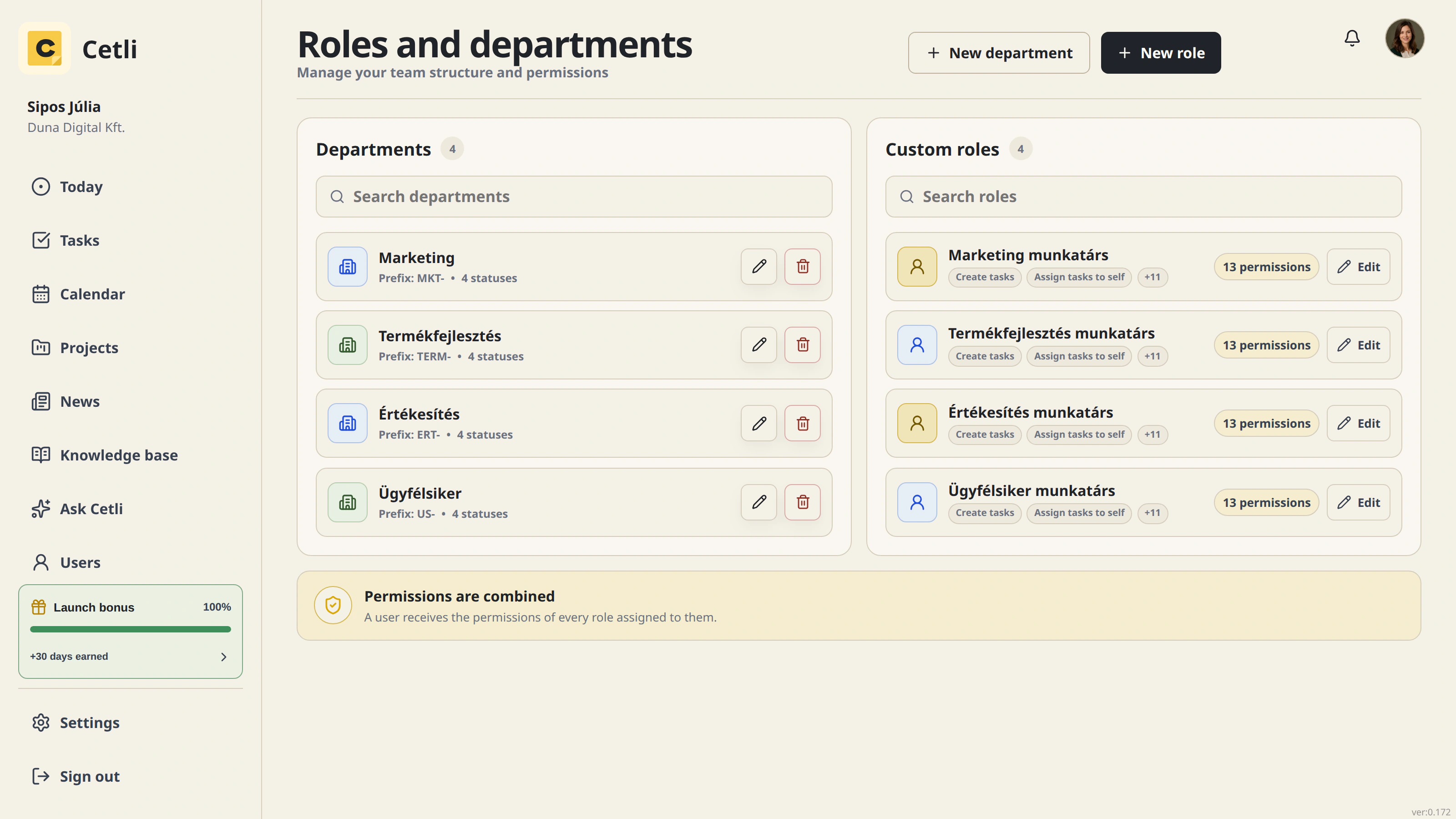 The real Cetli department and role management interface