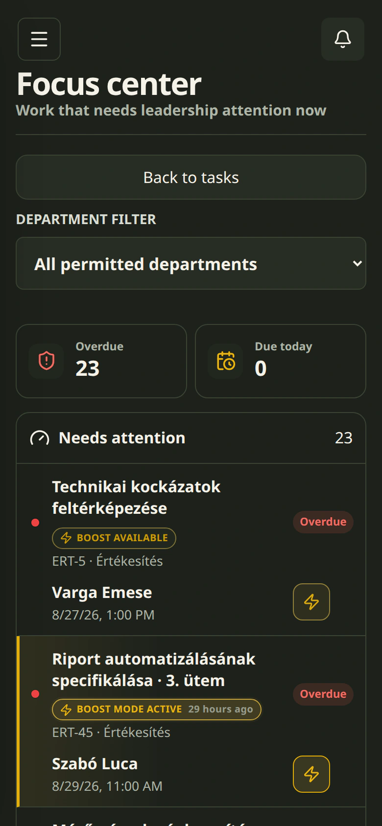The Cetli Focus center on mobile in dark mode