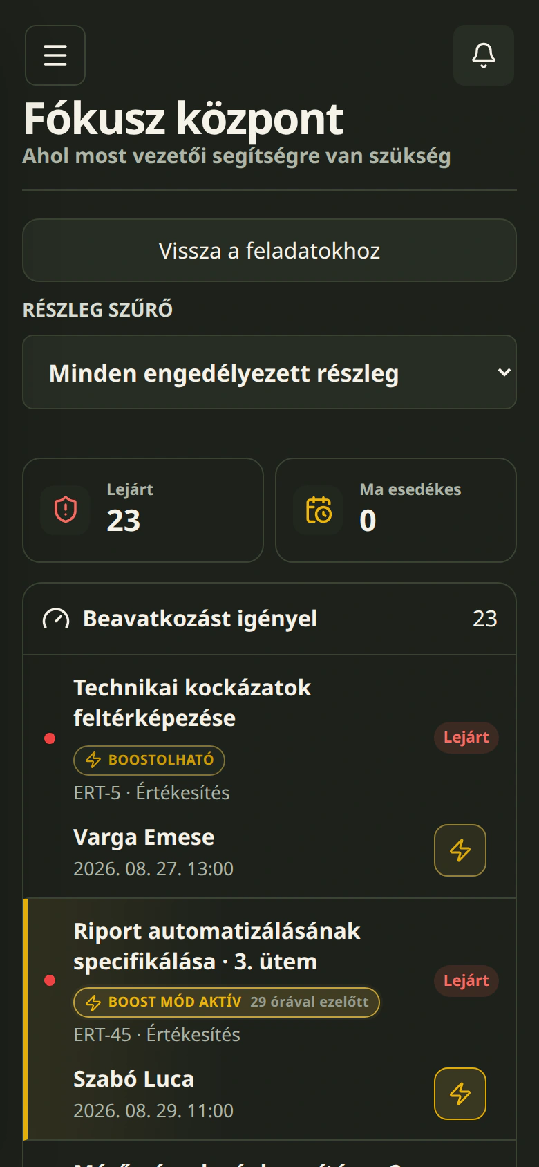A Cetli Fókusz központja mobilon, sötét témában