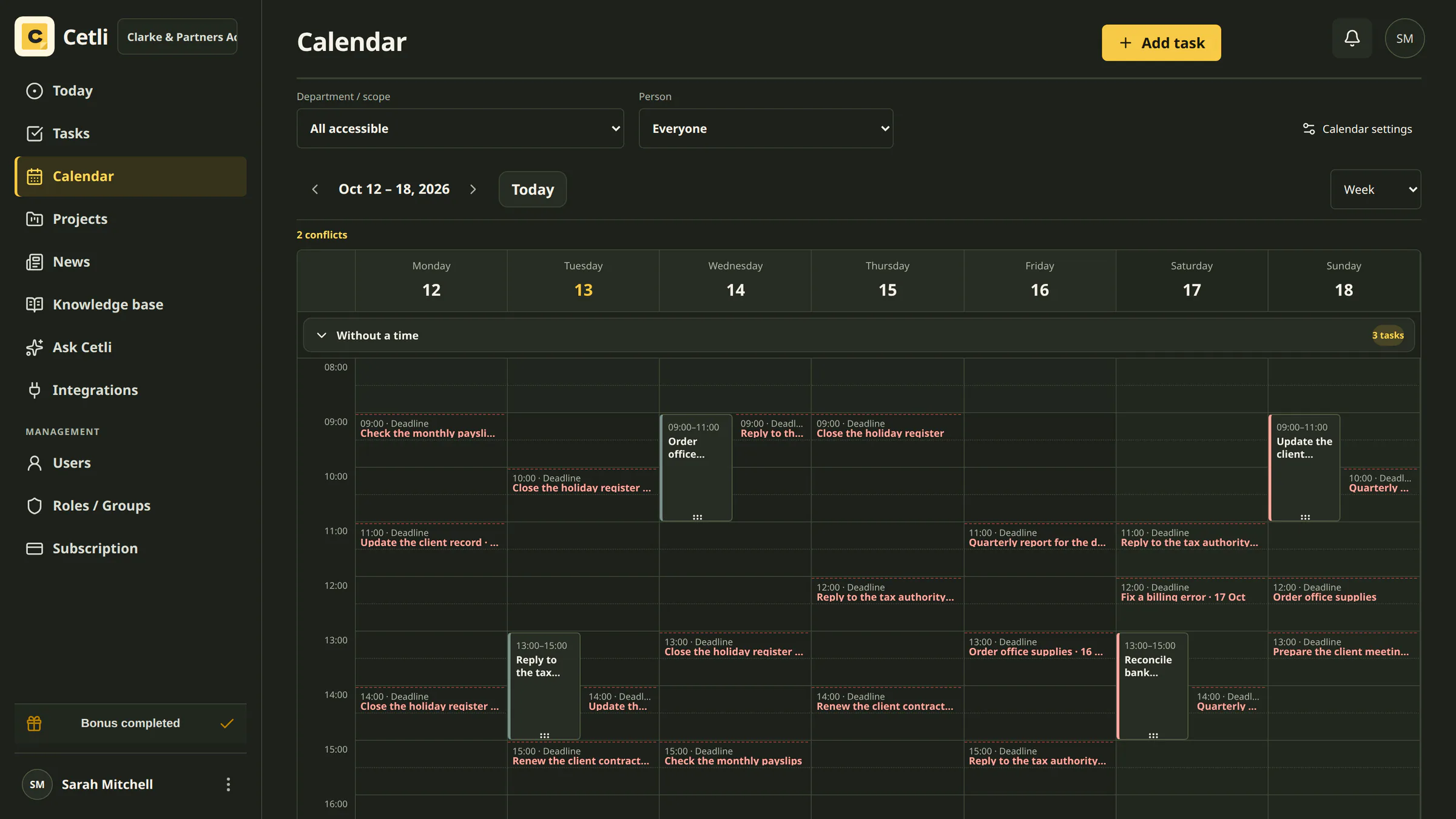 The real Cetli team calendar in dark mode
