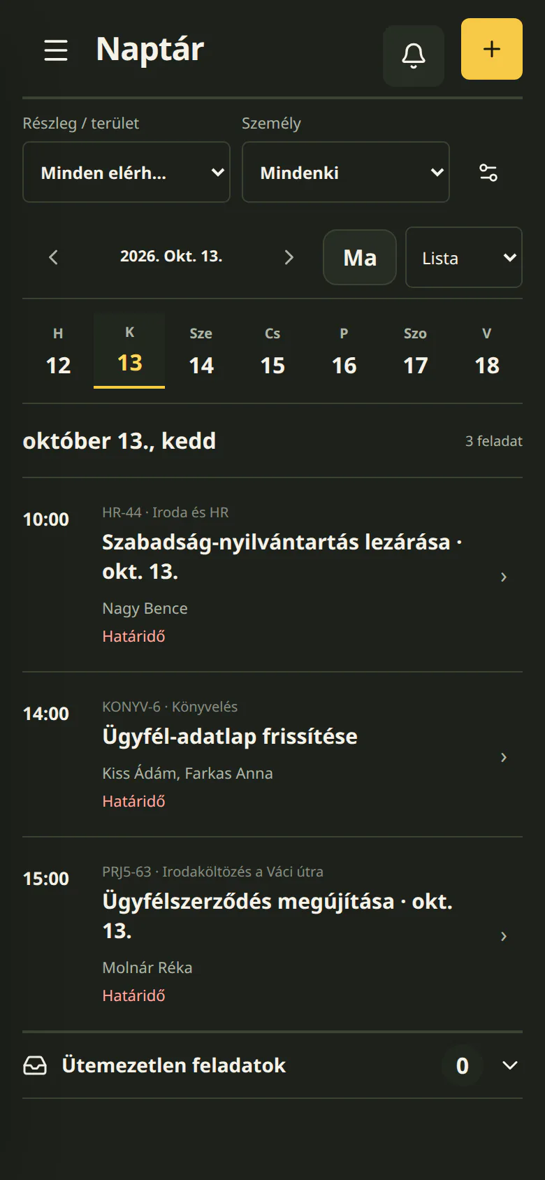 A Cetli naptára mobilon, sötét témában