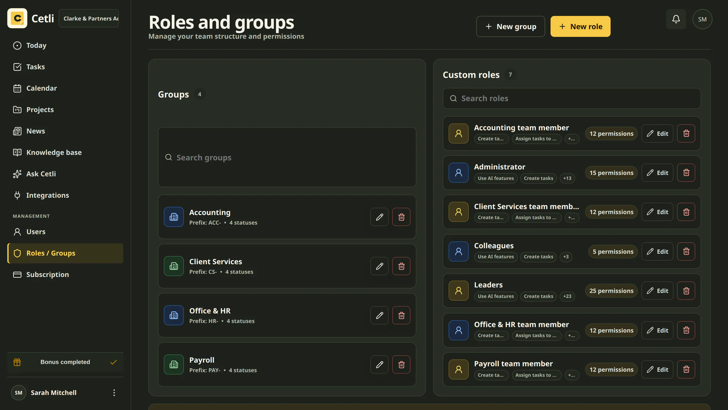 The real Cetli group and role management screen in dark mode