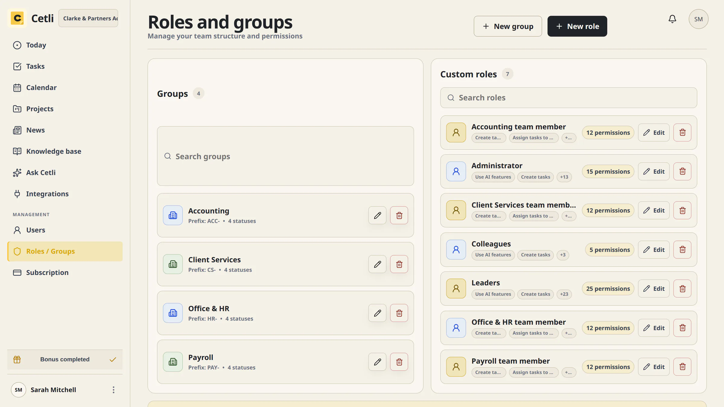 The real Cetli group and role management screen