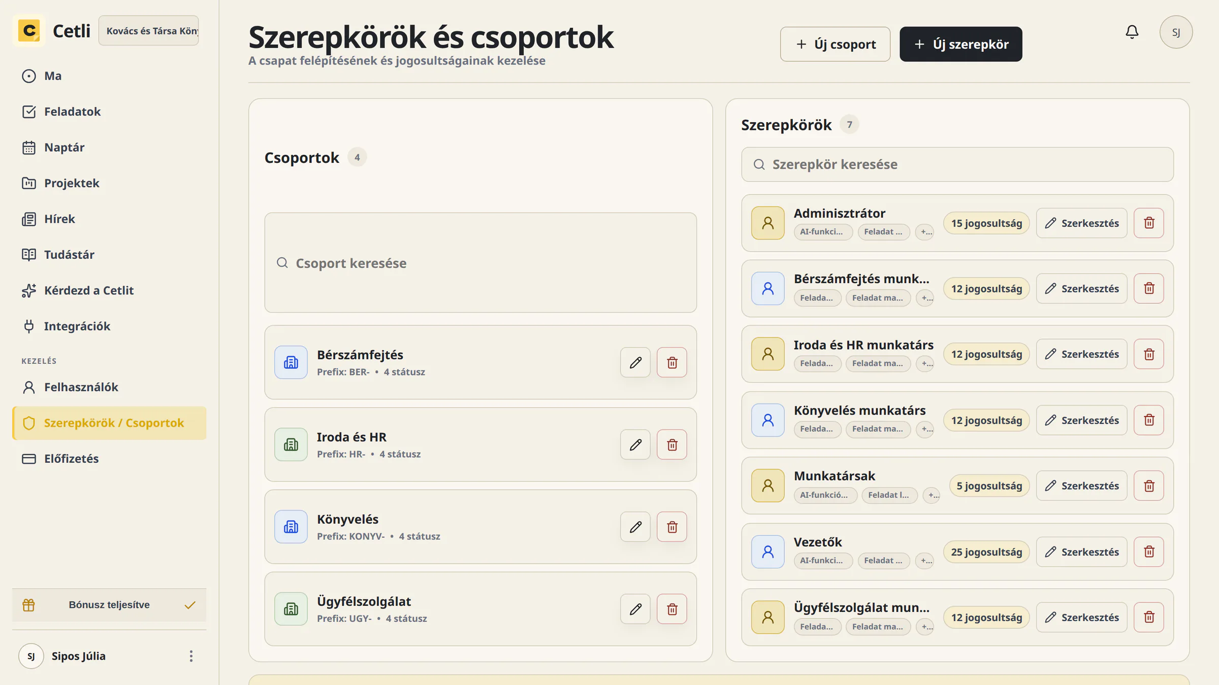 A Cetli valódi csoport- és szerepkörkezelő felülete