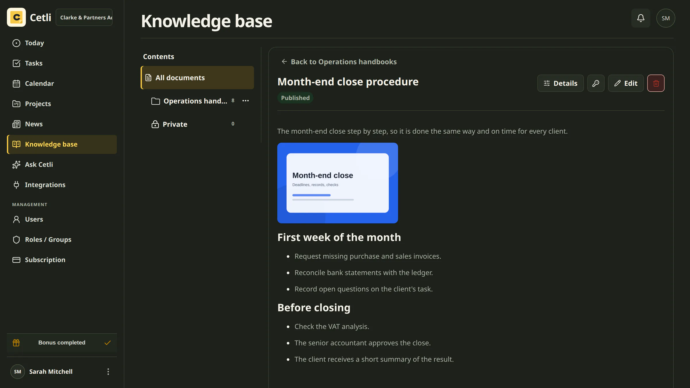 A real knowledge document in Cetli in dark mode