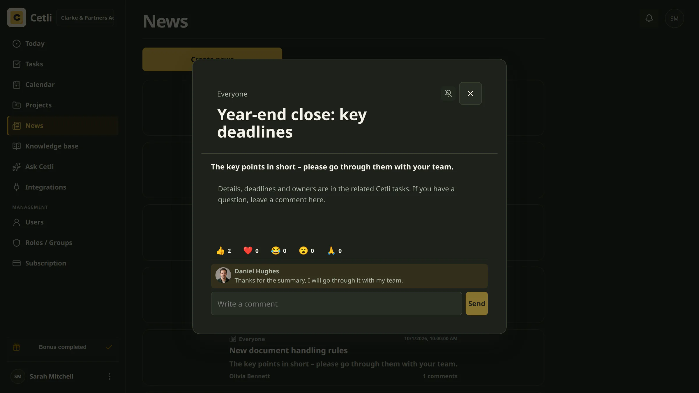 A real internal news item in Cetli in dark mode