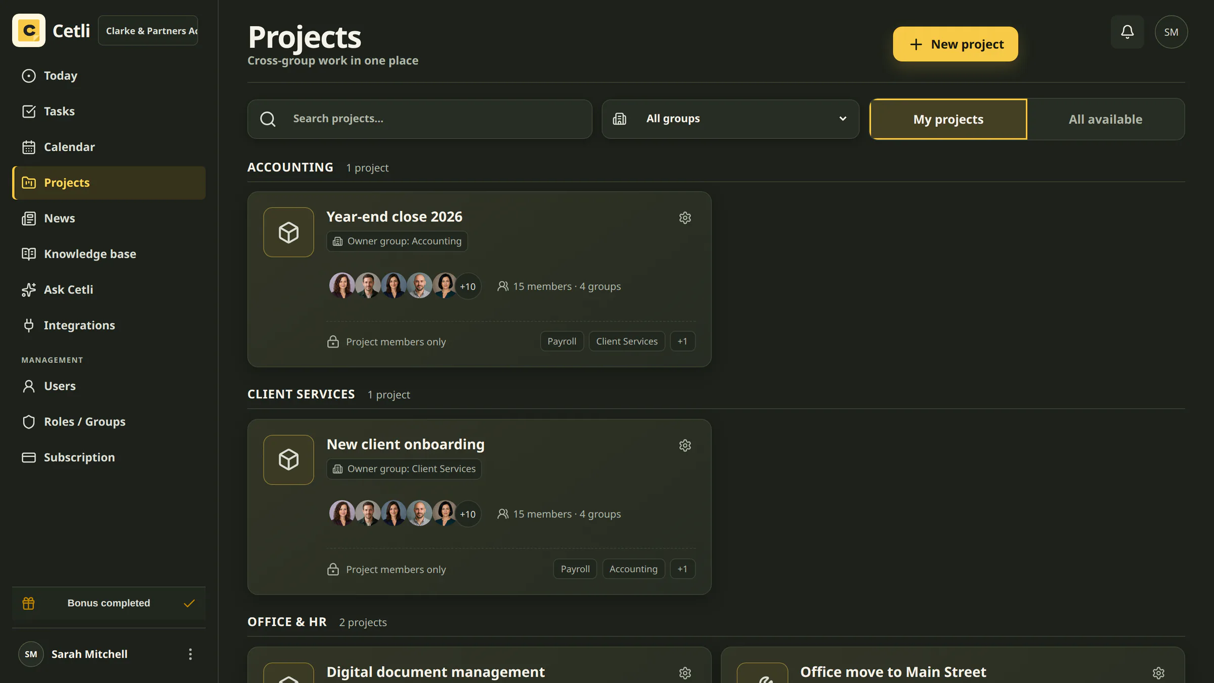 The real Cetli project list in dark mode