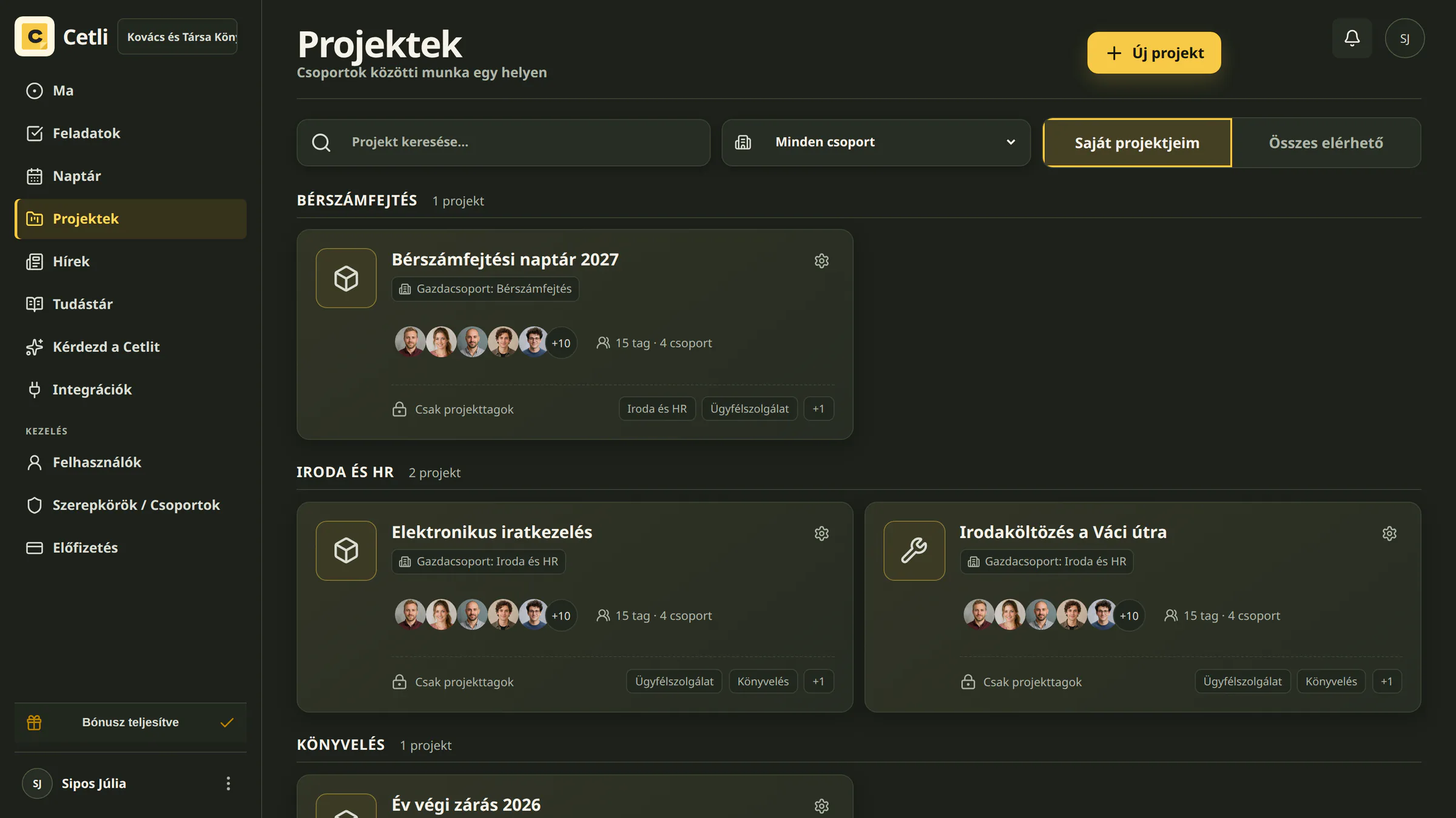A Cetli valódi projektlistája sötét témában
