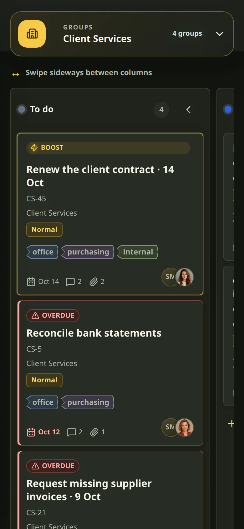 Cetli tasks on mobile in dark mode