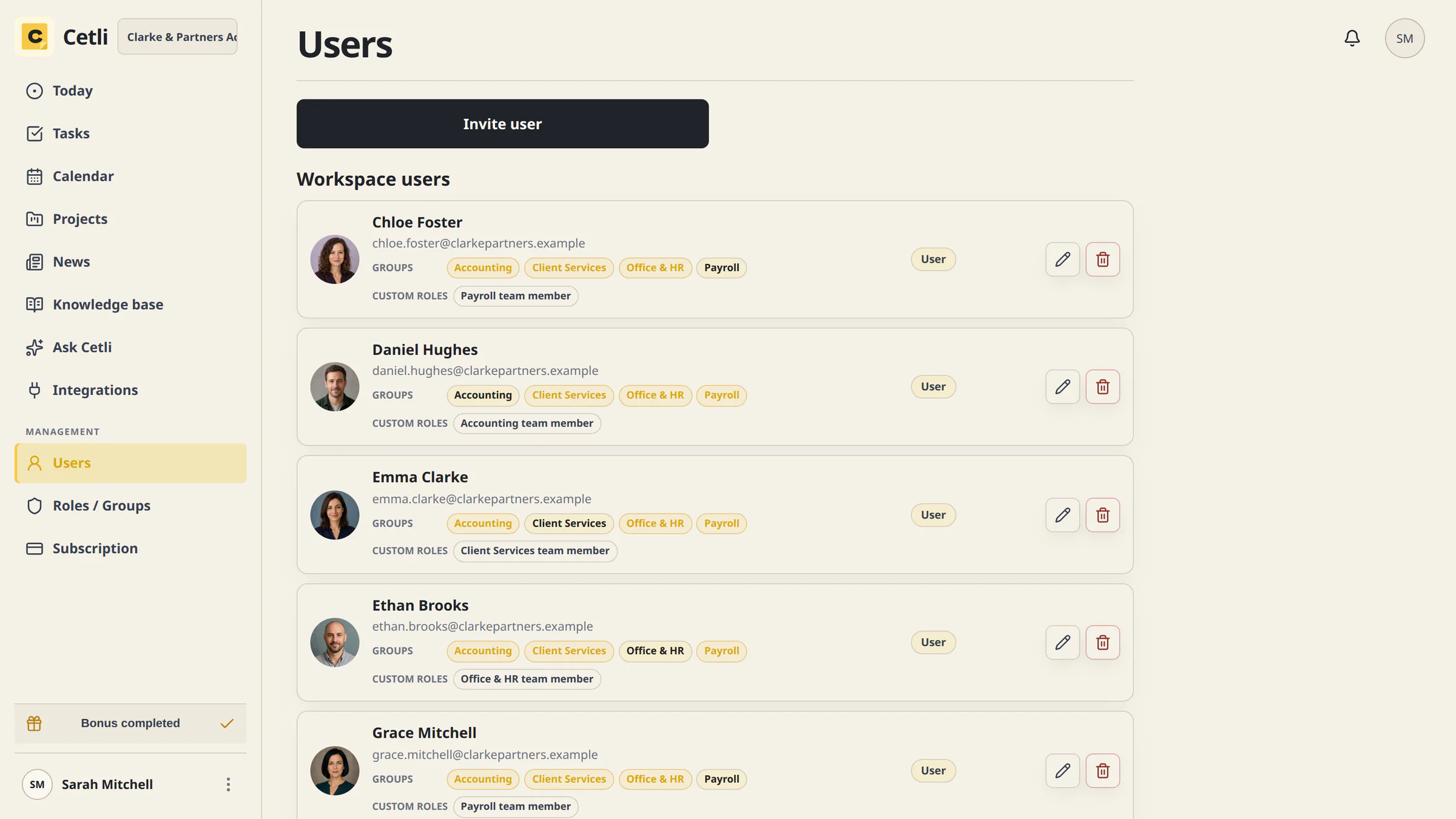 The real Cetli user management screen