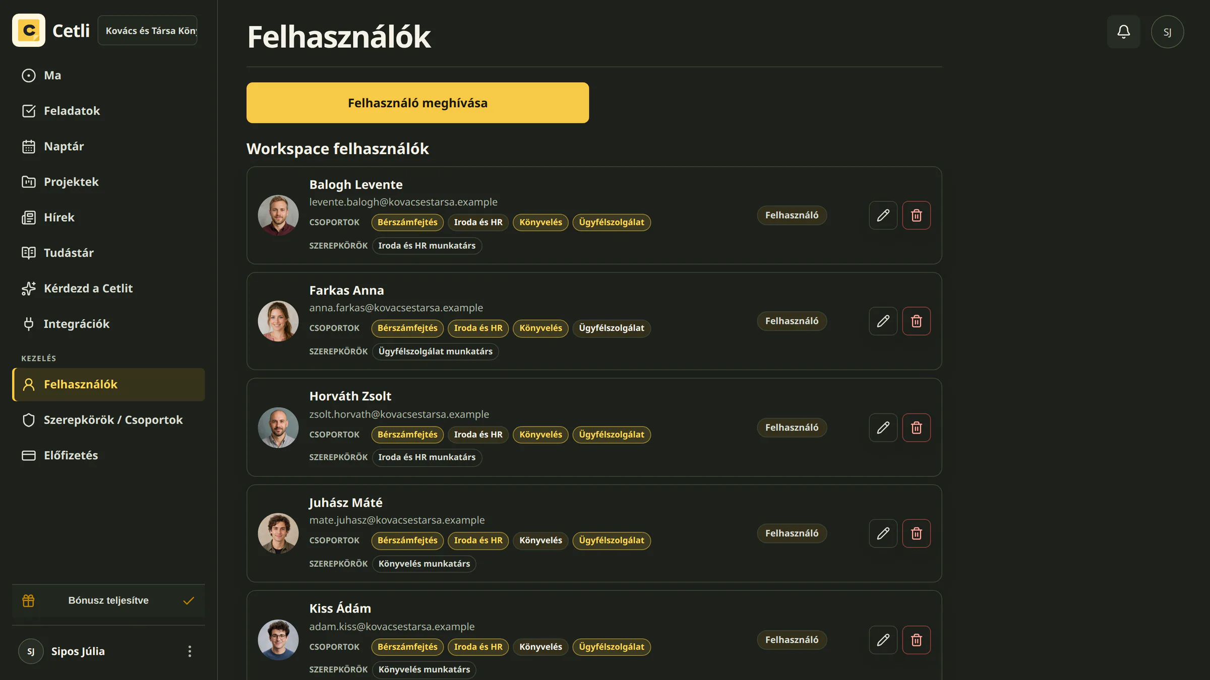 A Cetli valódi felhasználókezelő felülete sötét témában