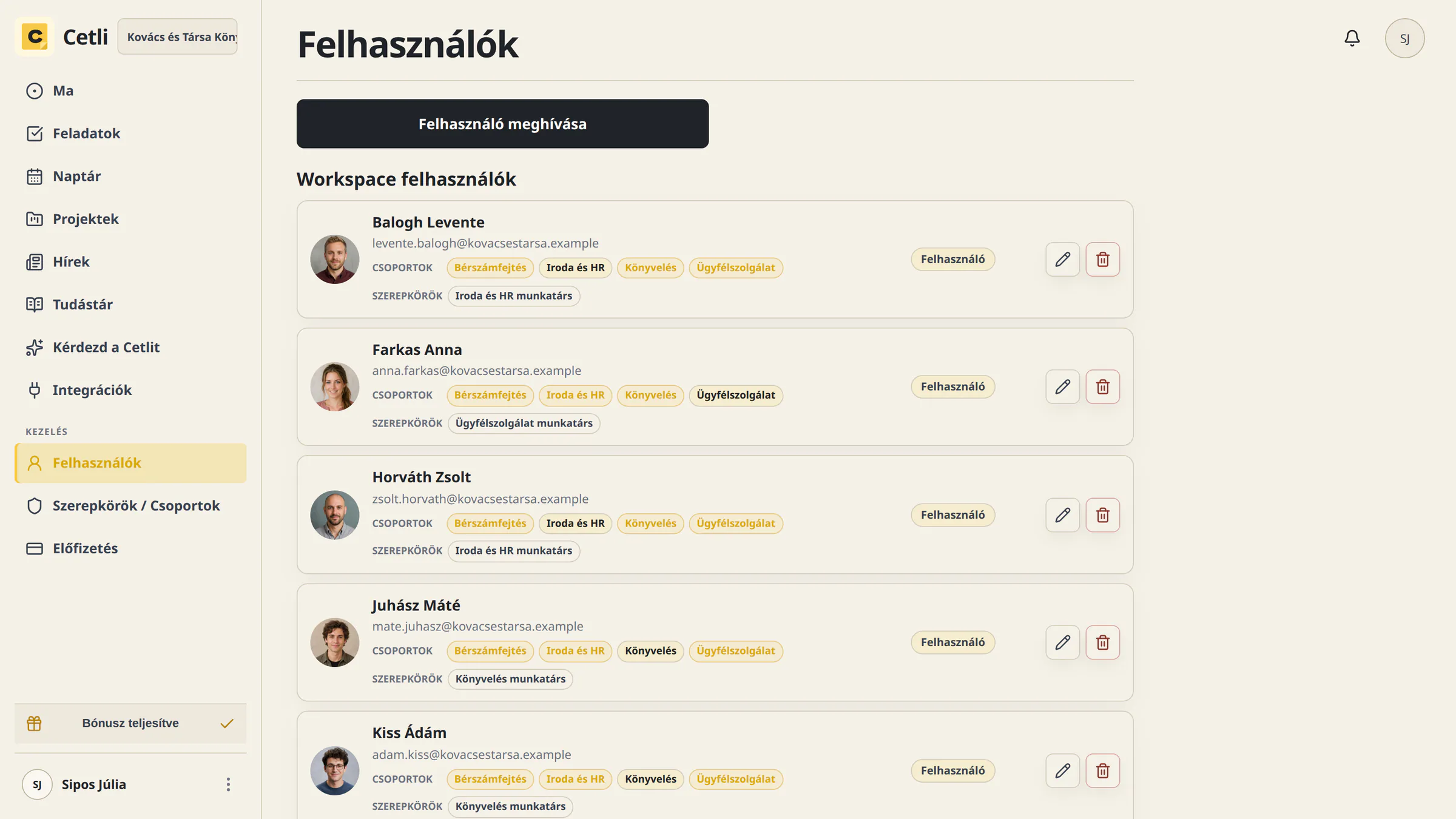 A Cetli valódi felhasználókezelő felülete