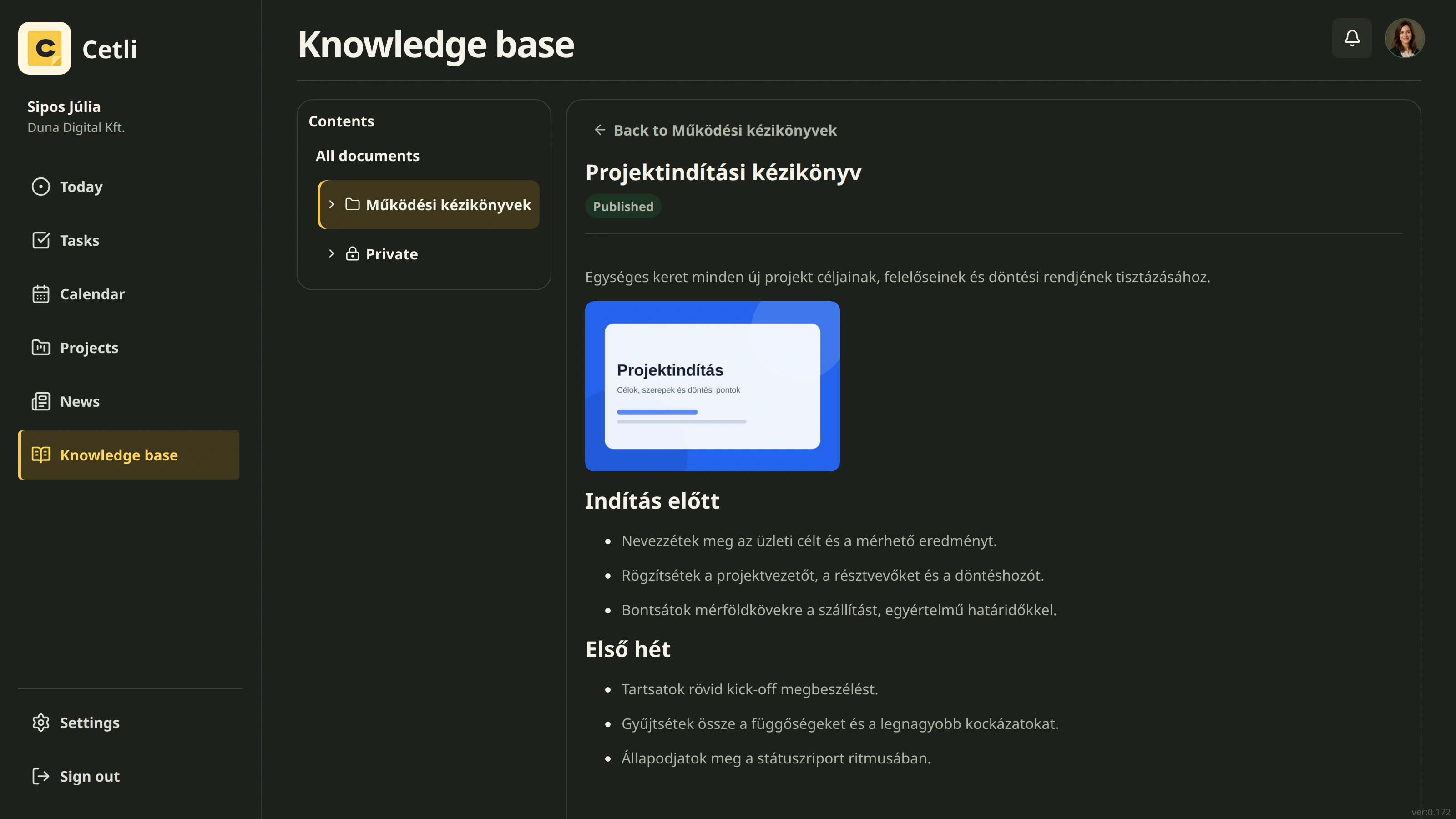 A real knowledge document in Cetli in dark mode