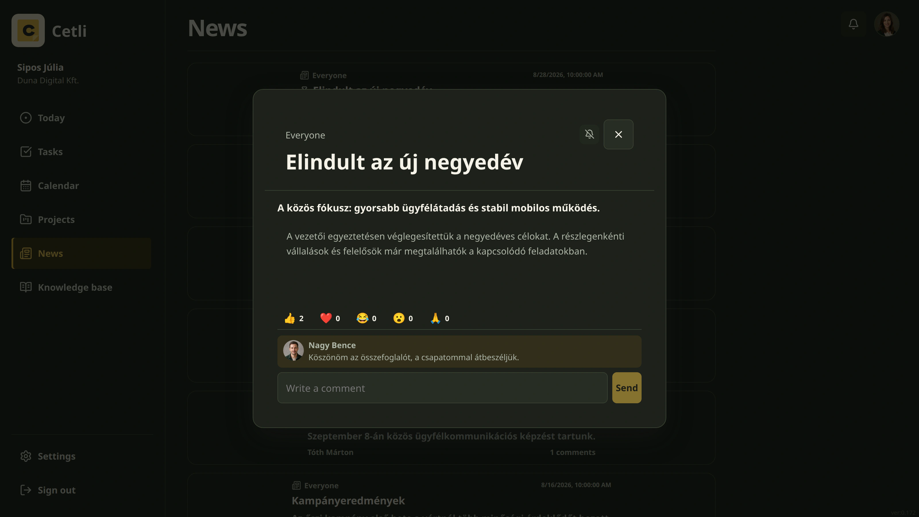 A real internal news item in Cetli in dark mode