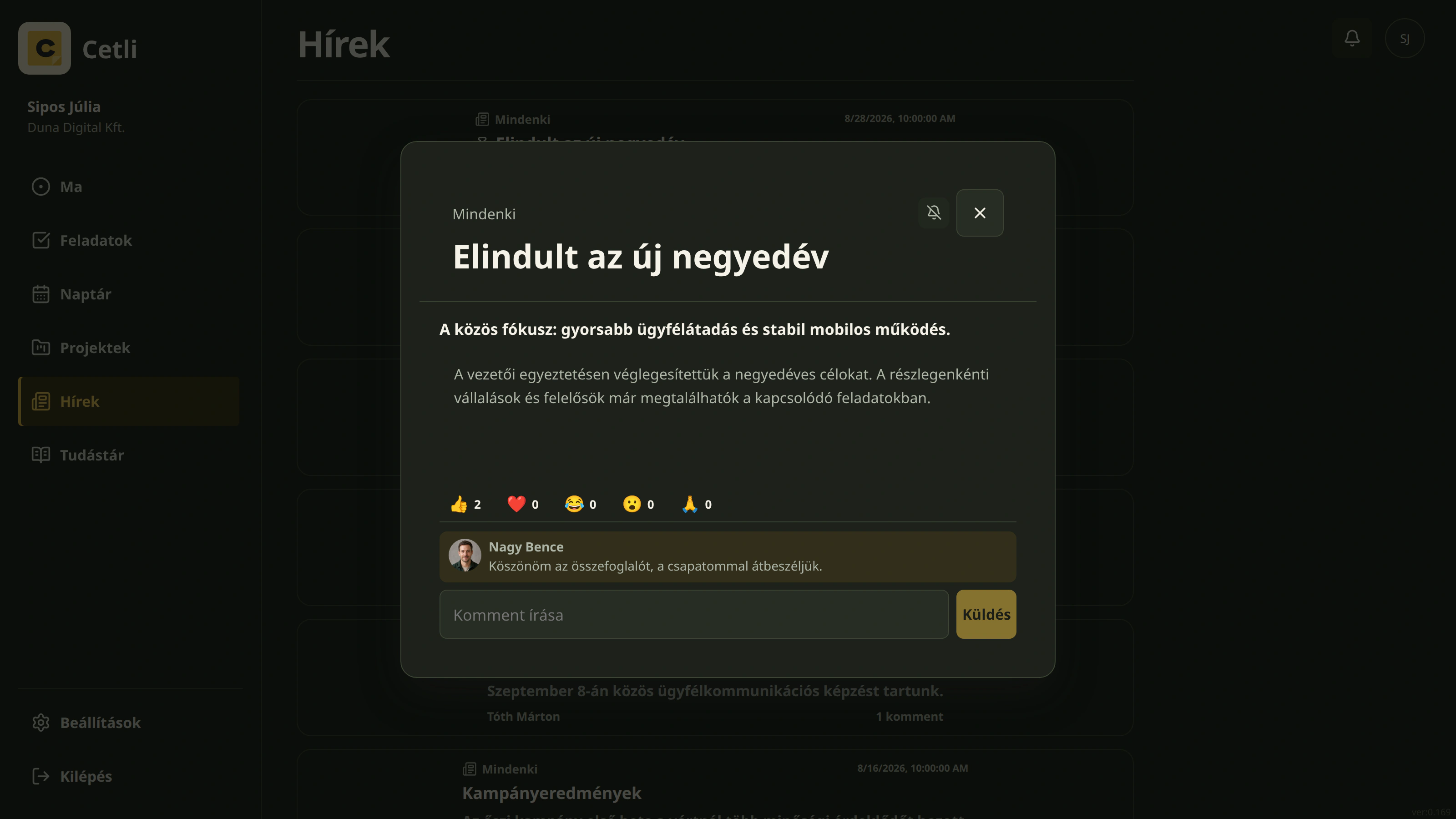 Valódi belső hír részletei a Cetliben, sötét témában