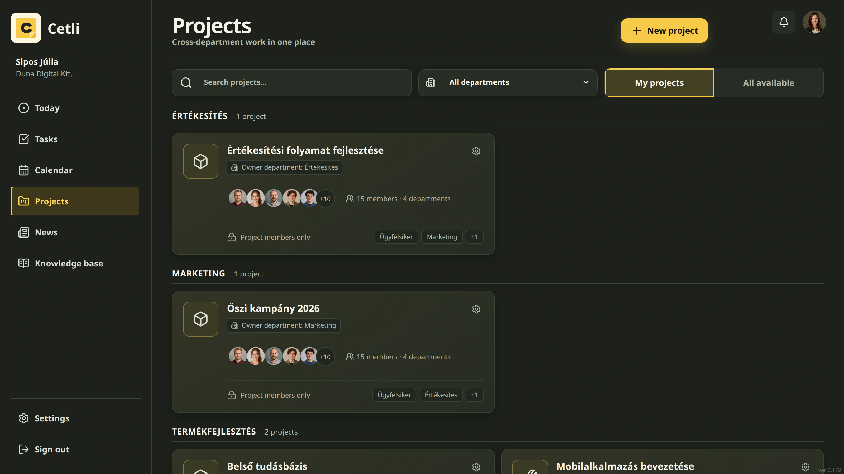 The real Cetli project list in dark mode