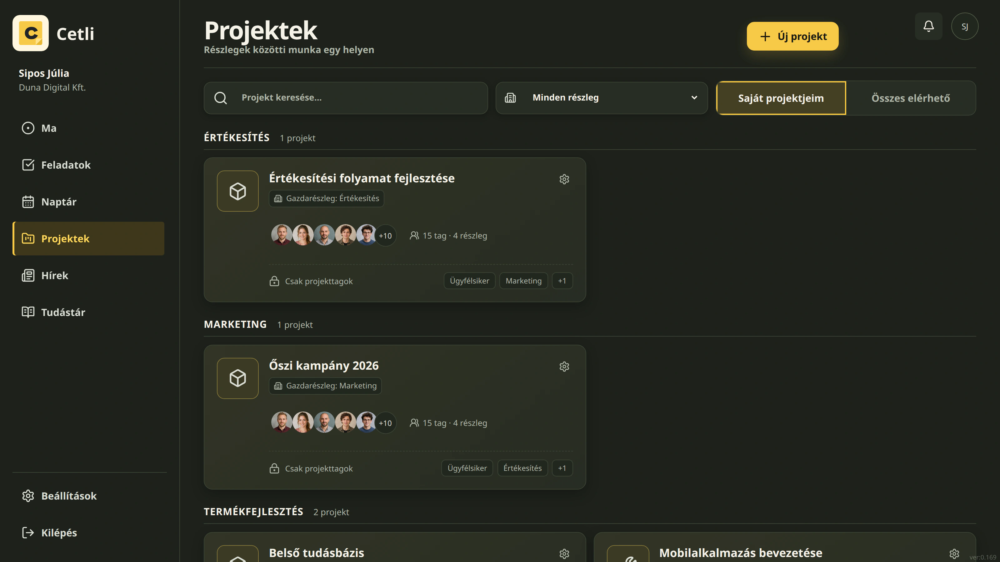 A Cetli valódi projektlistája sötét témában