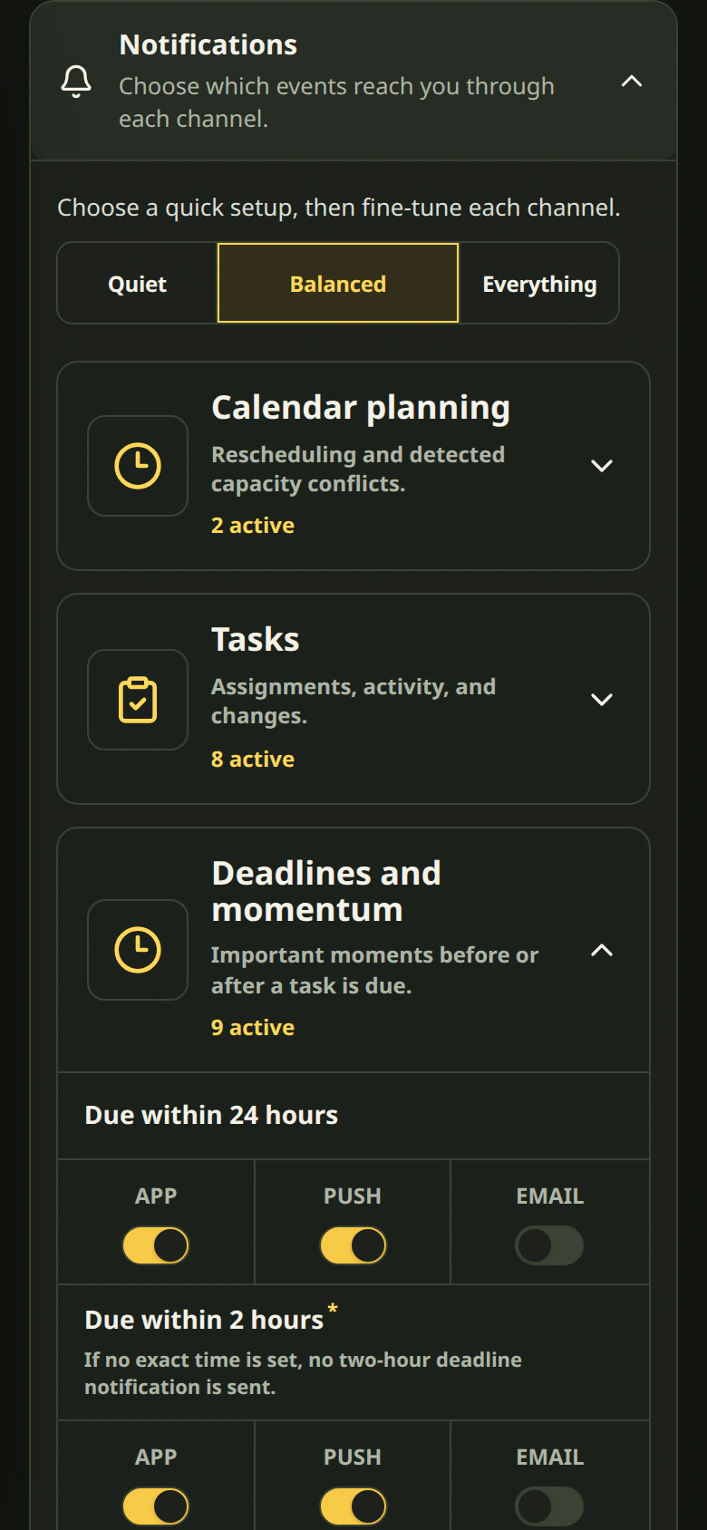 The real Cetli notification settings in dark mode