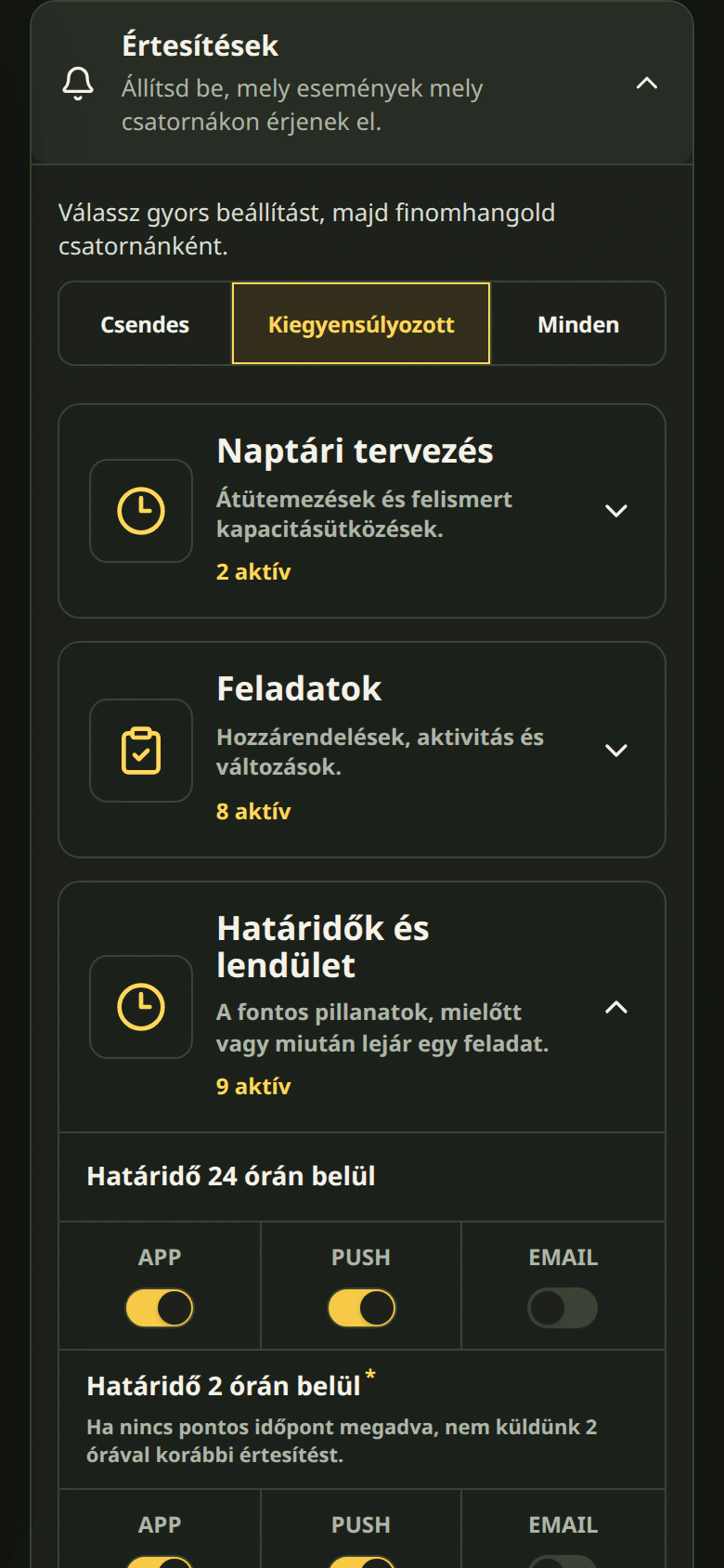 A Cetli valódi értesítési beállításai sötét témában