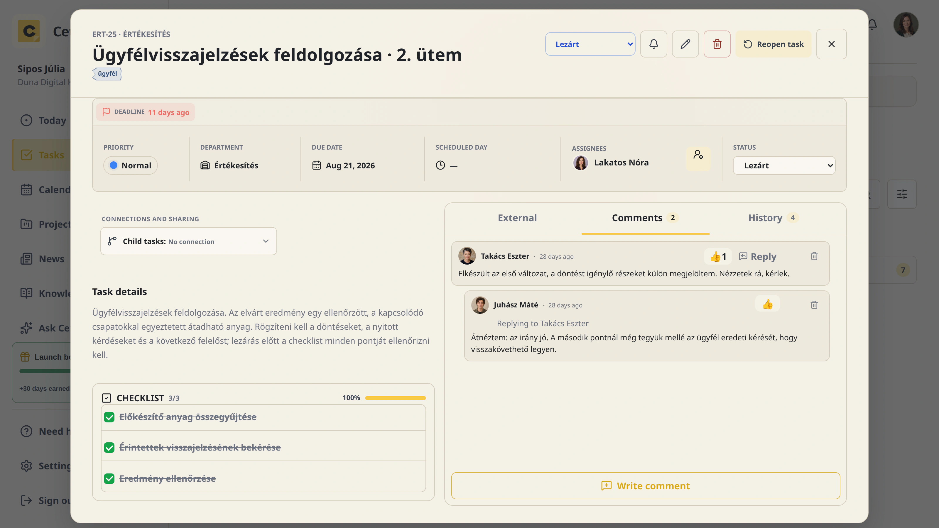 Comments and decisions attached to a task in Cetli