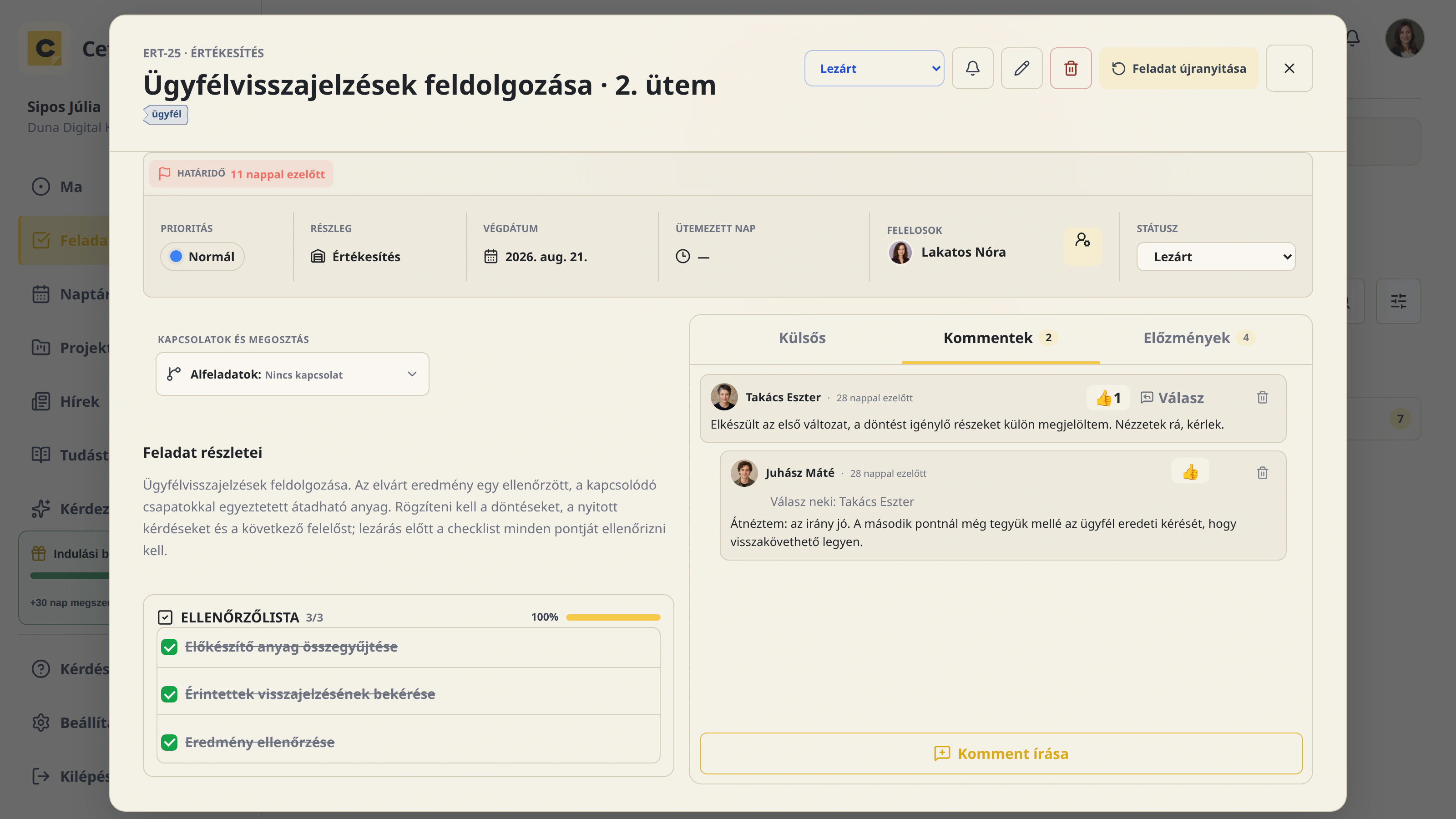 Valódi Cetli feladatrészlet kommentekkel, felelőssel és ellenőrzőlistával