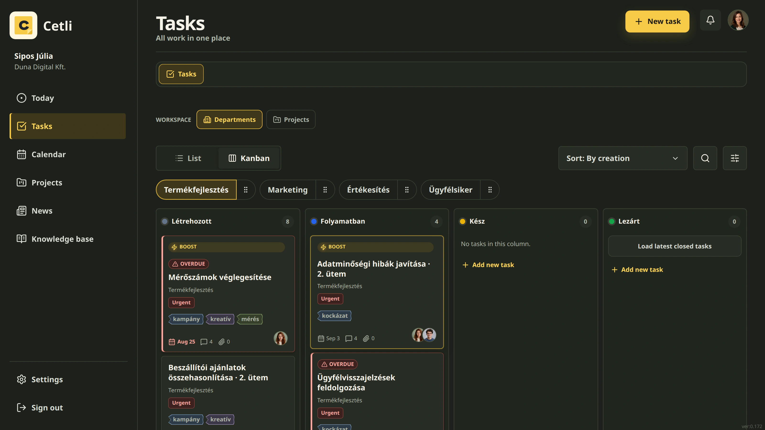 The real Cetli Kanban board in dark mode