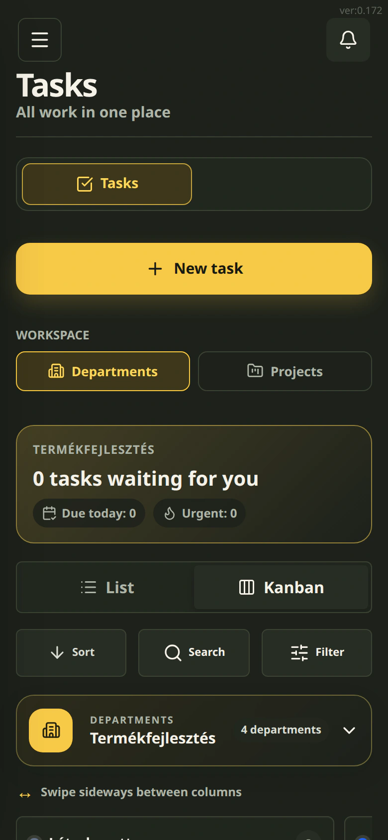 The real Cetli mobile task view in dark mode