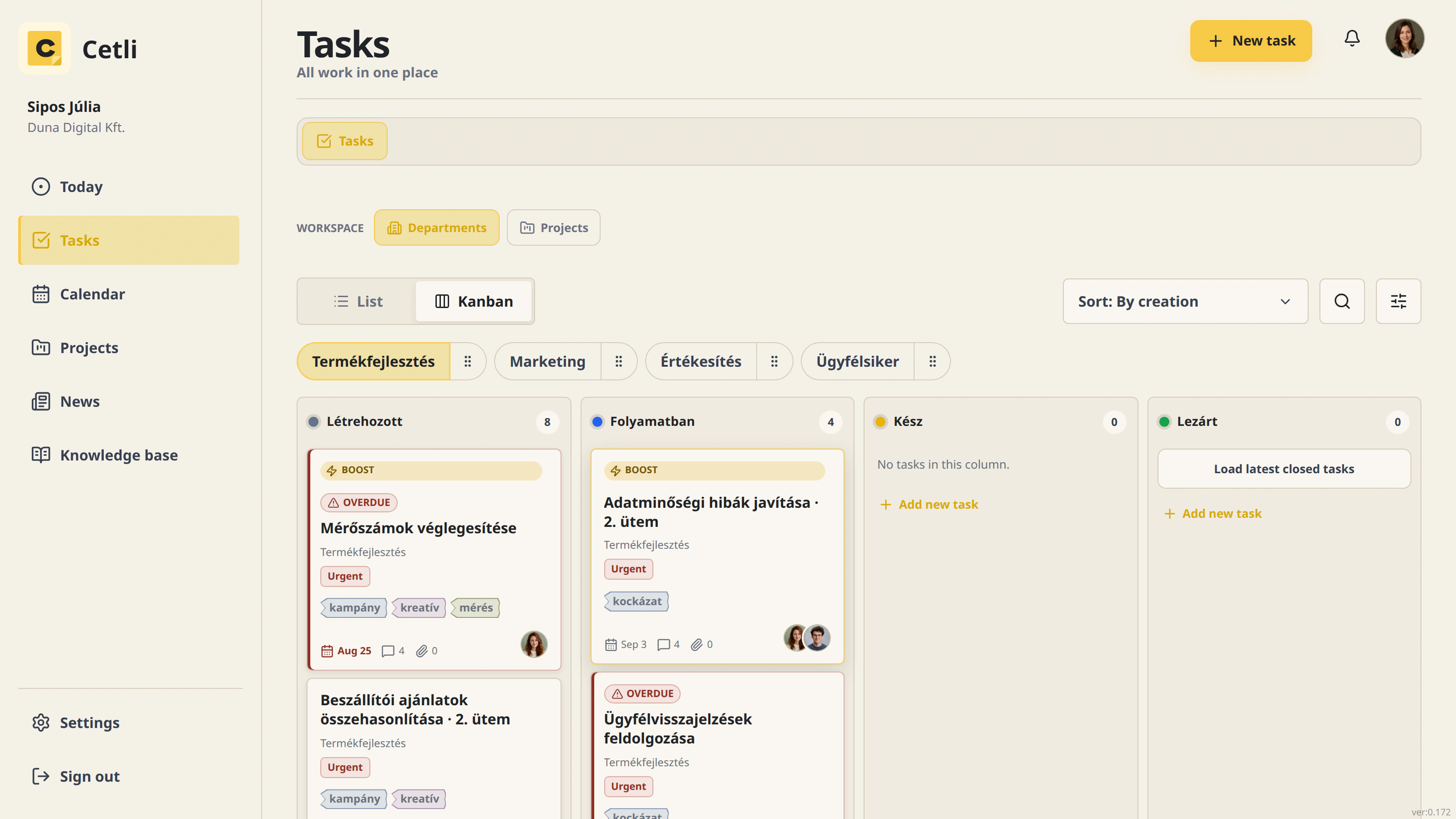 The real Cetli Kanban board with assigned and trackable tasks