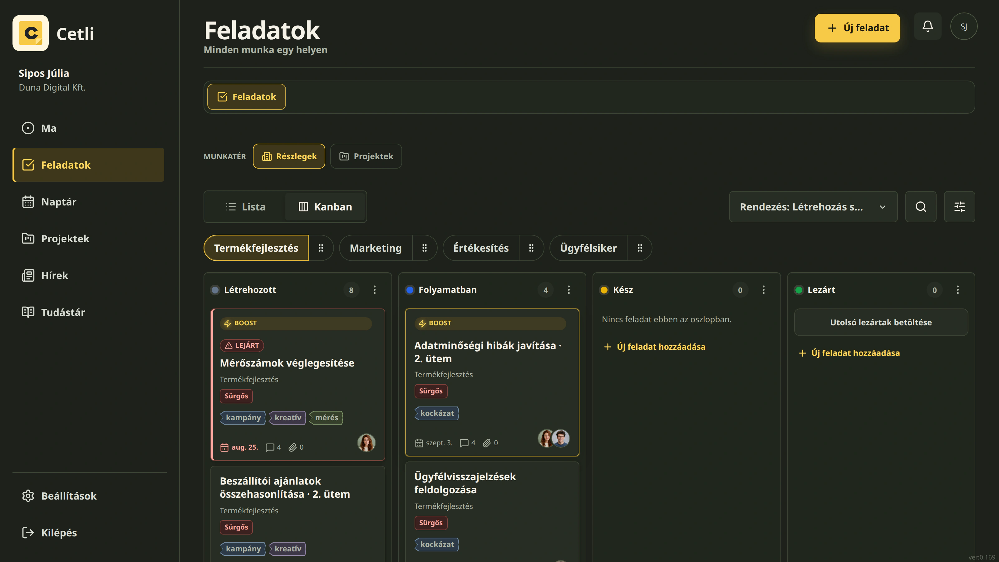 A Cetli valódi Kanban feladatnézete sötét témában