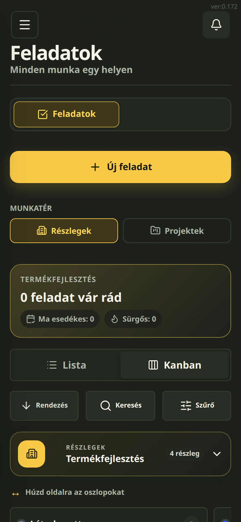A Cetli valódi mobil feladatnézete sötét témában