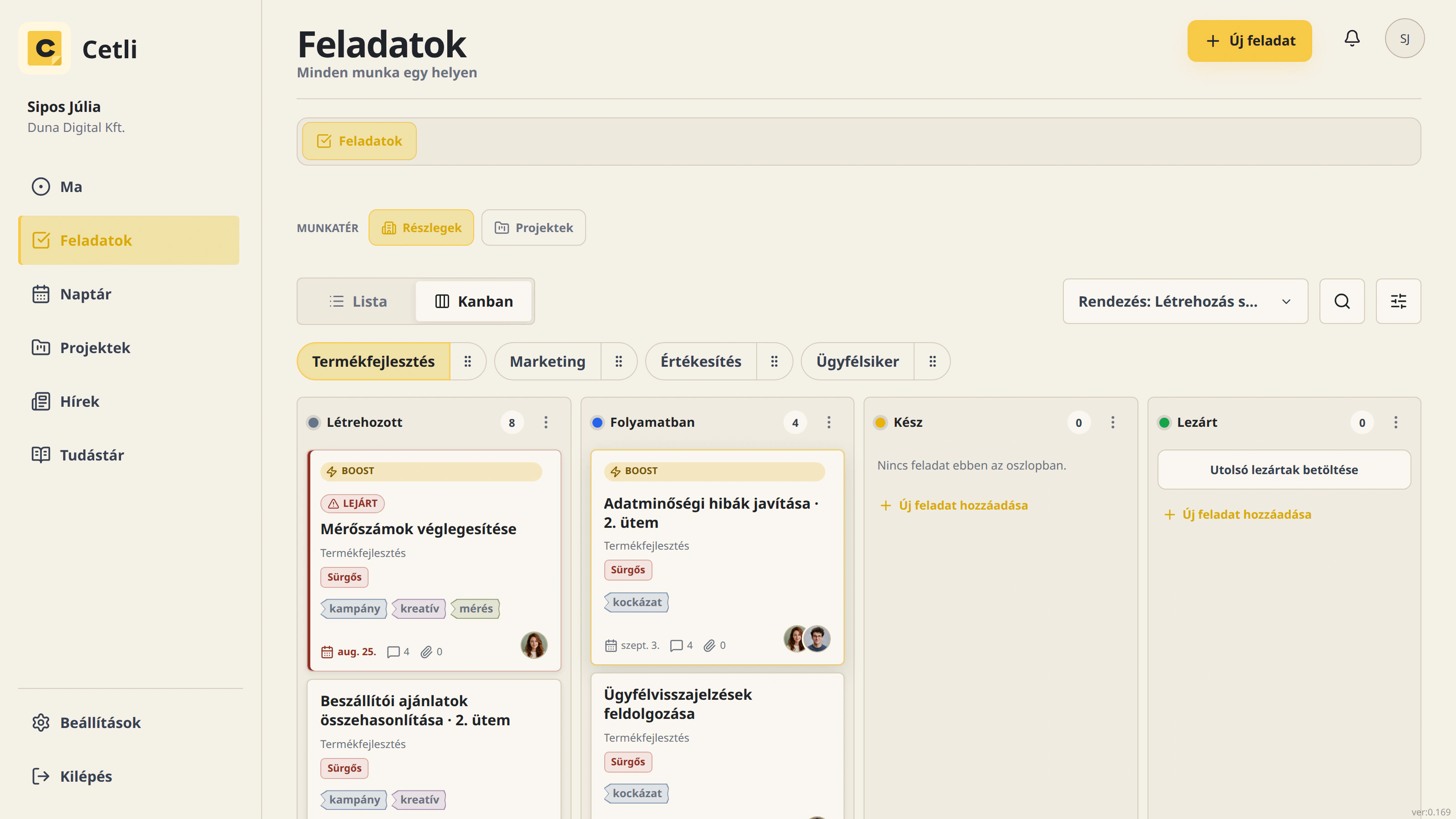 A Cetli valódi Kanban feladatnézete