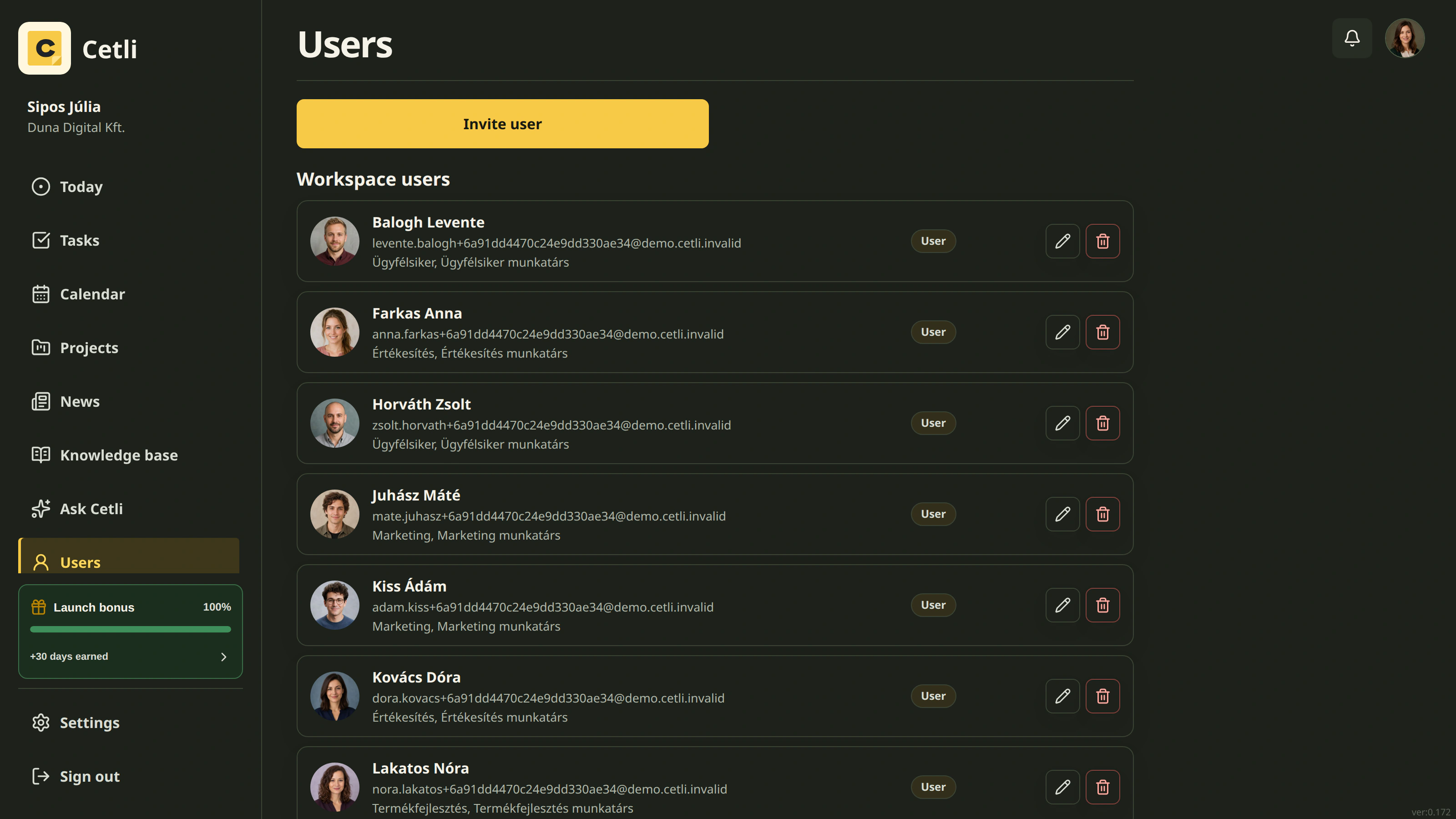 The real Cetli user management screen in dark mode