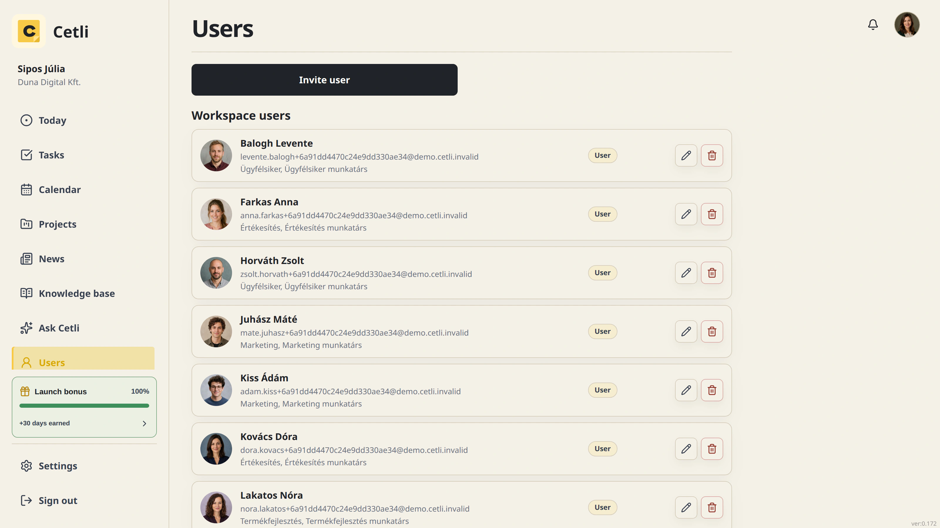 The real Cetli user management screen