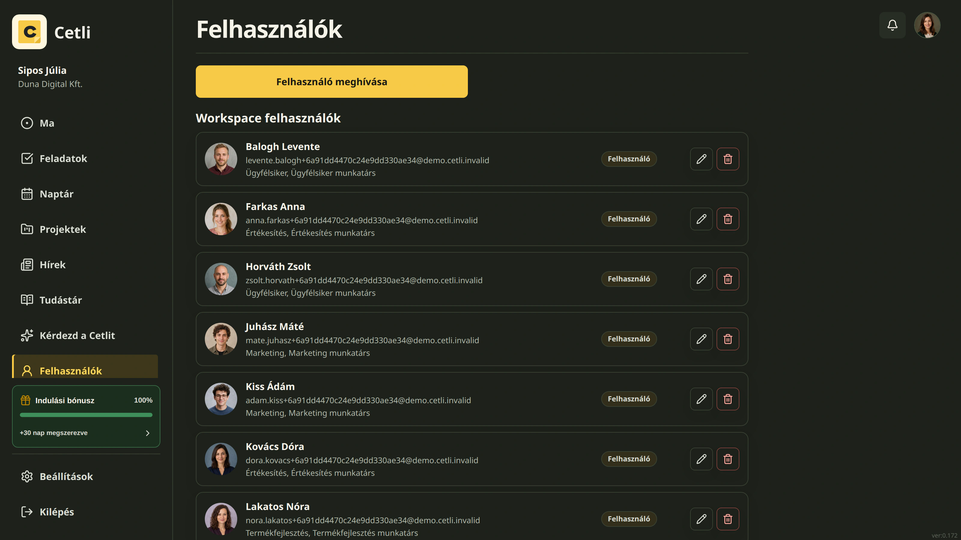 A Cetli valódi felhasználókezelő felülete sötét témában