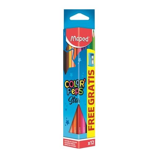 Színes ceruza készlet, háromszögletű, hegyezővel, MAPED "Color'Peps Star", 12 szín