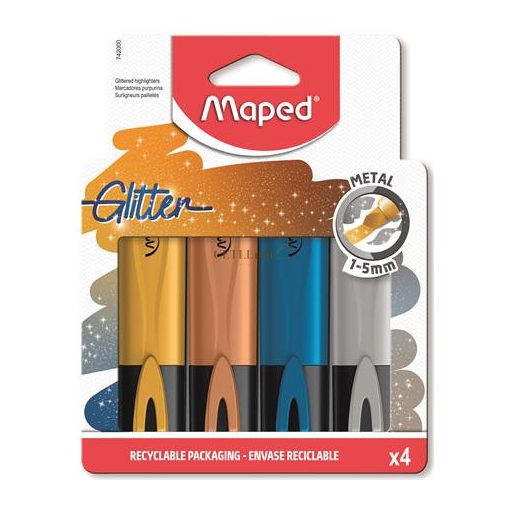 Szövegkiemelő készlet, 1-5 mm, MAPED "Glitter Fluo Peps", 4 különböző metálfényű szín