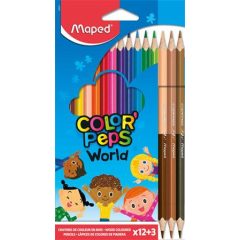   Színes ceruza készlet, háromszögletű, MAPED "Color'Peps World", 12 különböző szín + 3 kétvégű bőrtónus ceruza