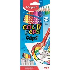   Színes ceruza készlet, háromszögletű, radírozható, MAPED "Color'Peps Oops", 12 különböző szín