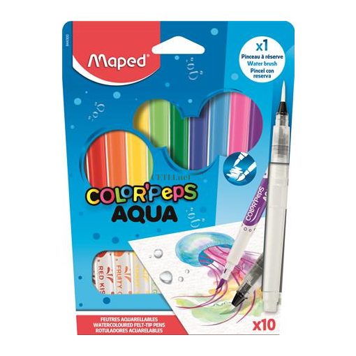 Akvarell filctoll készlet, 3,6 mm, ecsettel, MAPED "Color'Peps Aqua", 10 különböző szín