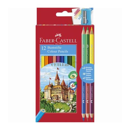 Színes ceruza készlet, hatszögletű, FABER-CASTELL, 12 különböző szín + 3 db bicolor ceruza