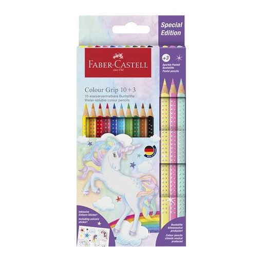 Színes ceruza készlet, háromszögletű, FABER-CASTELL "Grip", 13 különböző szín, unikornis