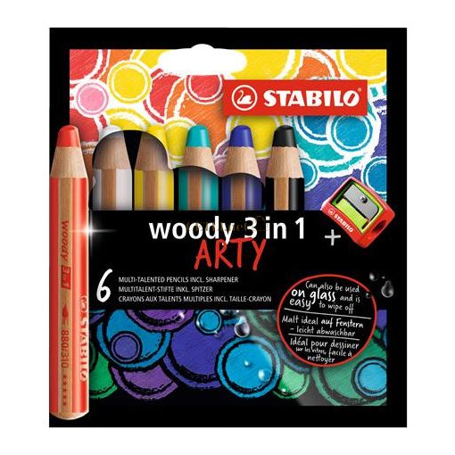 Színes ceruza készlet, kerek, vastag, STABILO "Woody ARTY 3 in 1", 6 különböző szín