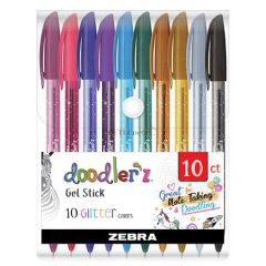   Zseléstoll készlet, 0,33 mm, kupakos, ZEBRA "Doodler'z Glitter", 10 csillogó vegyes szín